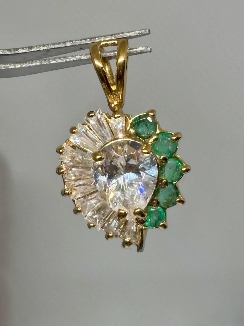 925 Sterling Silver Teardrop Pendant with CZ and Emerald - 1 imperfection